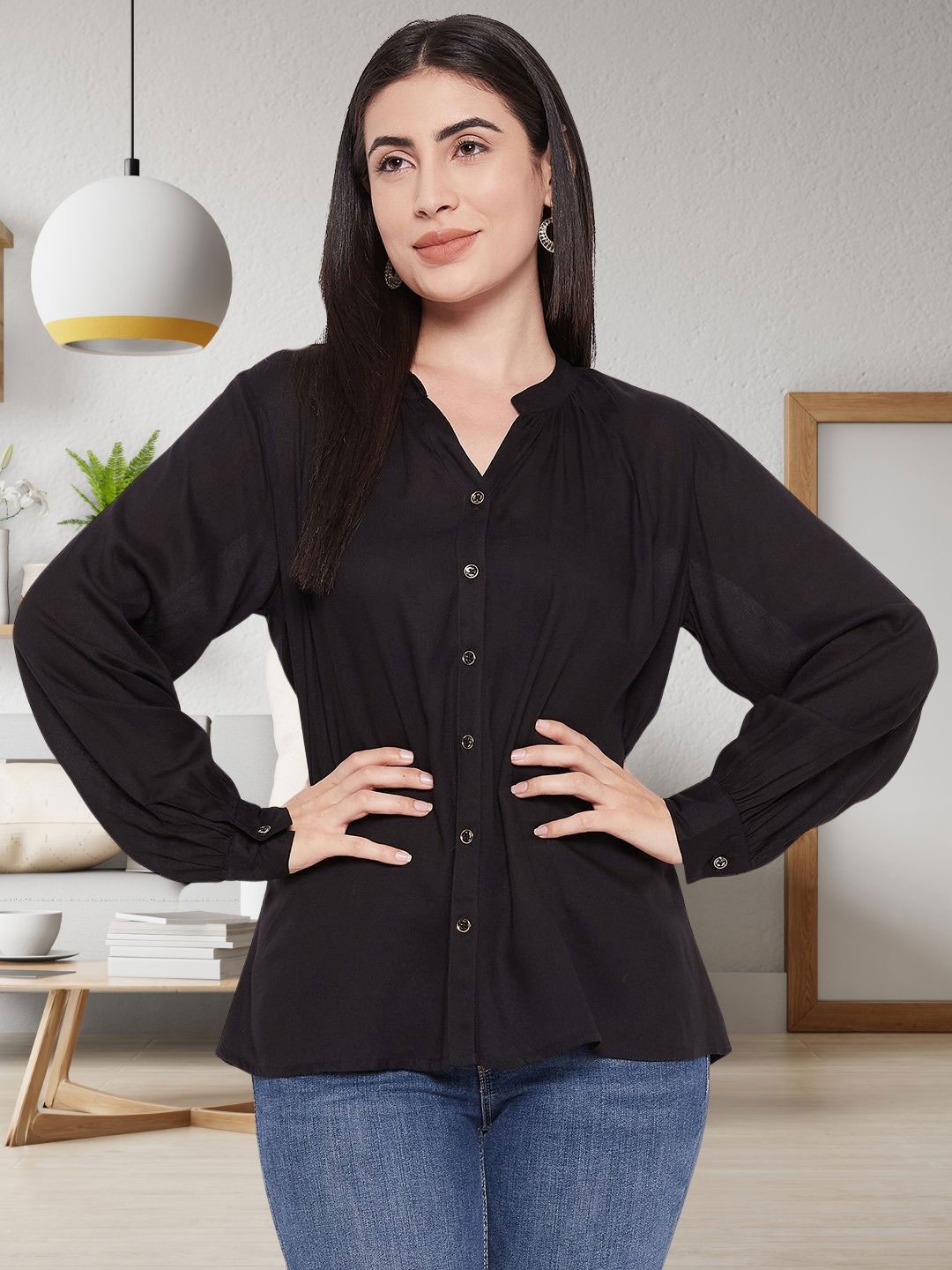 

DressBerry Women Classic Fit Mandarin Collar Solid Casual Shirt, Black