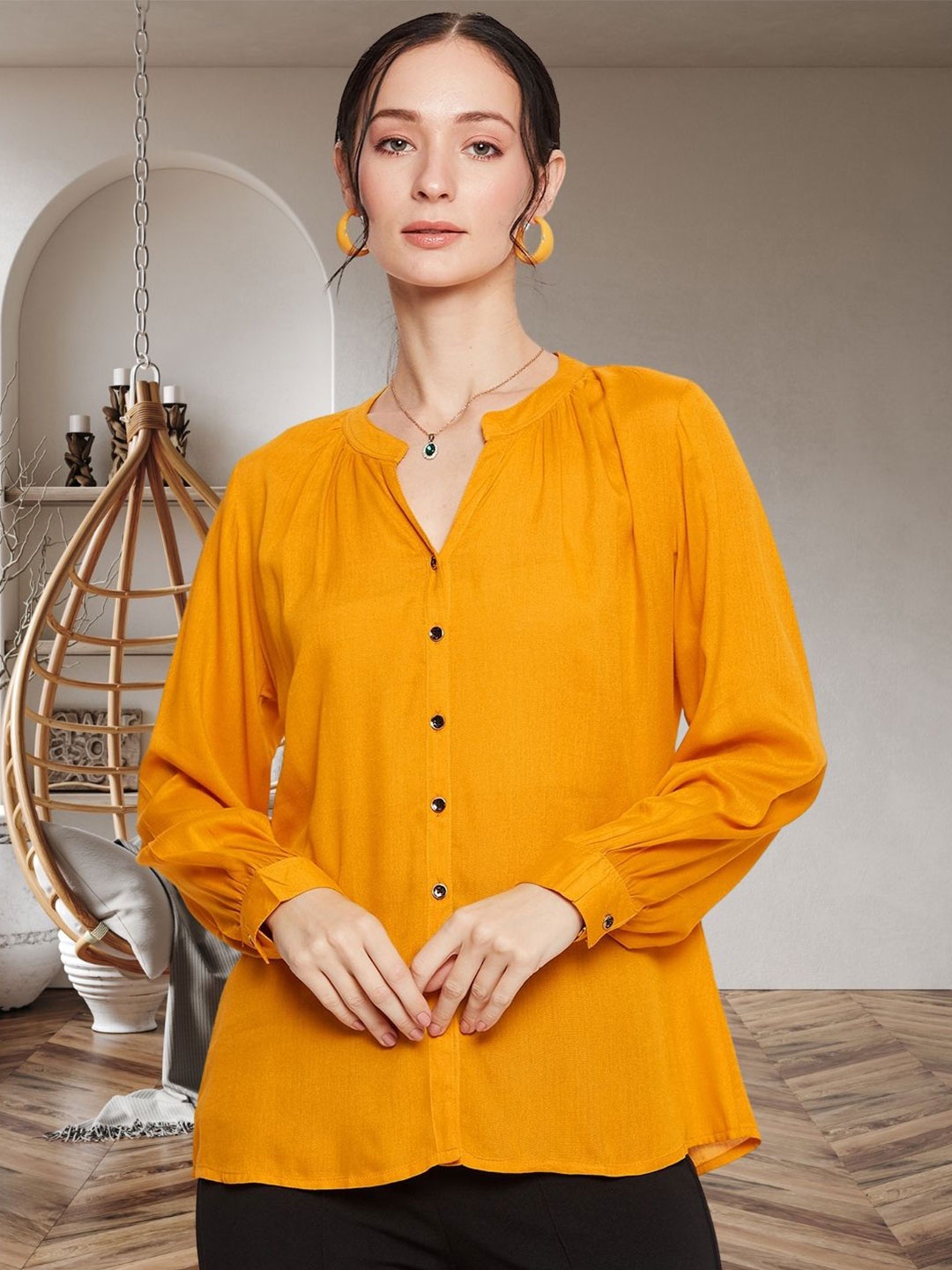 

DressBerry Women Classic Fit Mandarin Collar Solid Casual Shirt, Mustard