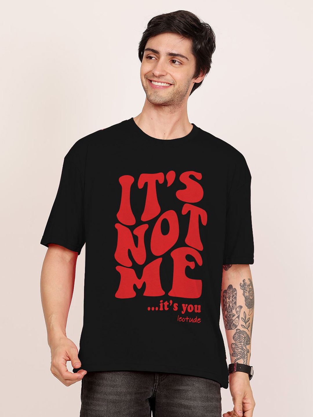 

Leotude Men Typography Printed Round Neck Cotton Oversized T-shirt, Black