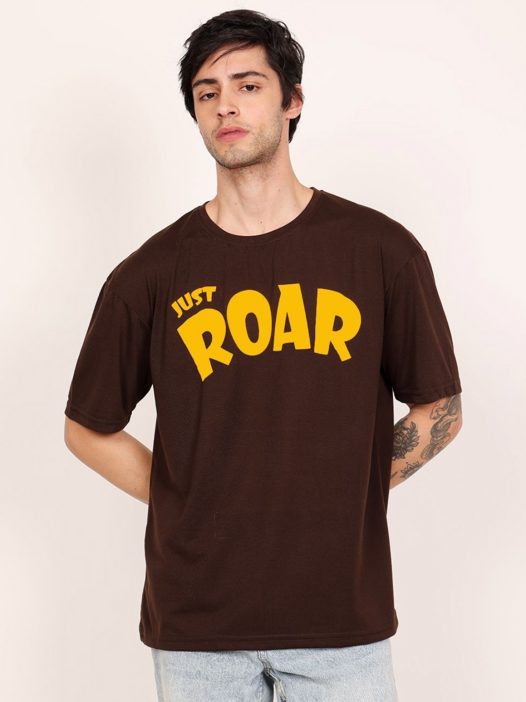 

Leotude Men Typography Printed Round Neck Cotton Oversized T-shirt, Brown