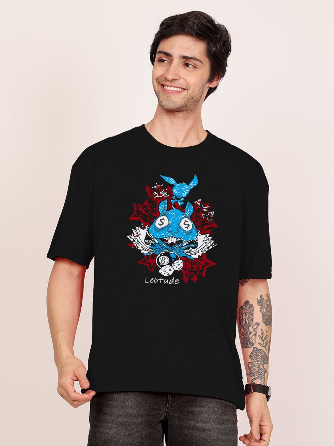 

Leotude Men Graphic Printed Round Neck Cotton Oversized T-shirt, Black
