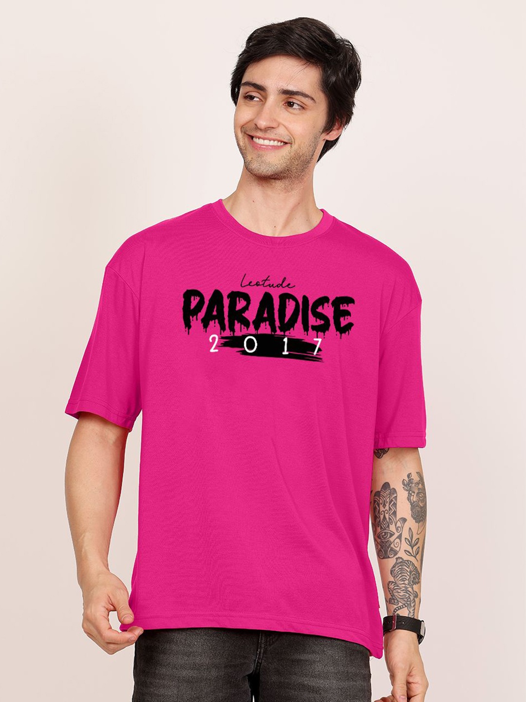 

Leotude Men Typography Printed Round Neck Cotton Oversized T-shirt, Pink