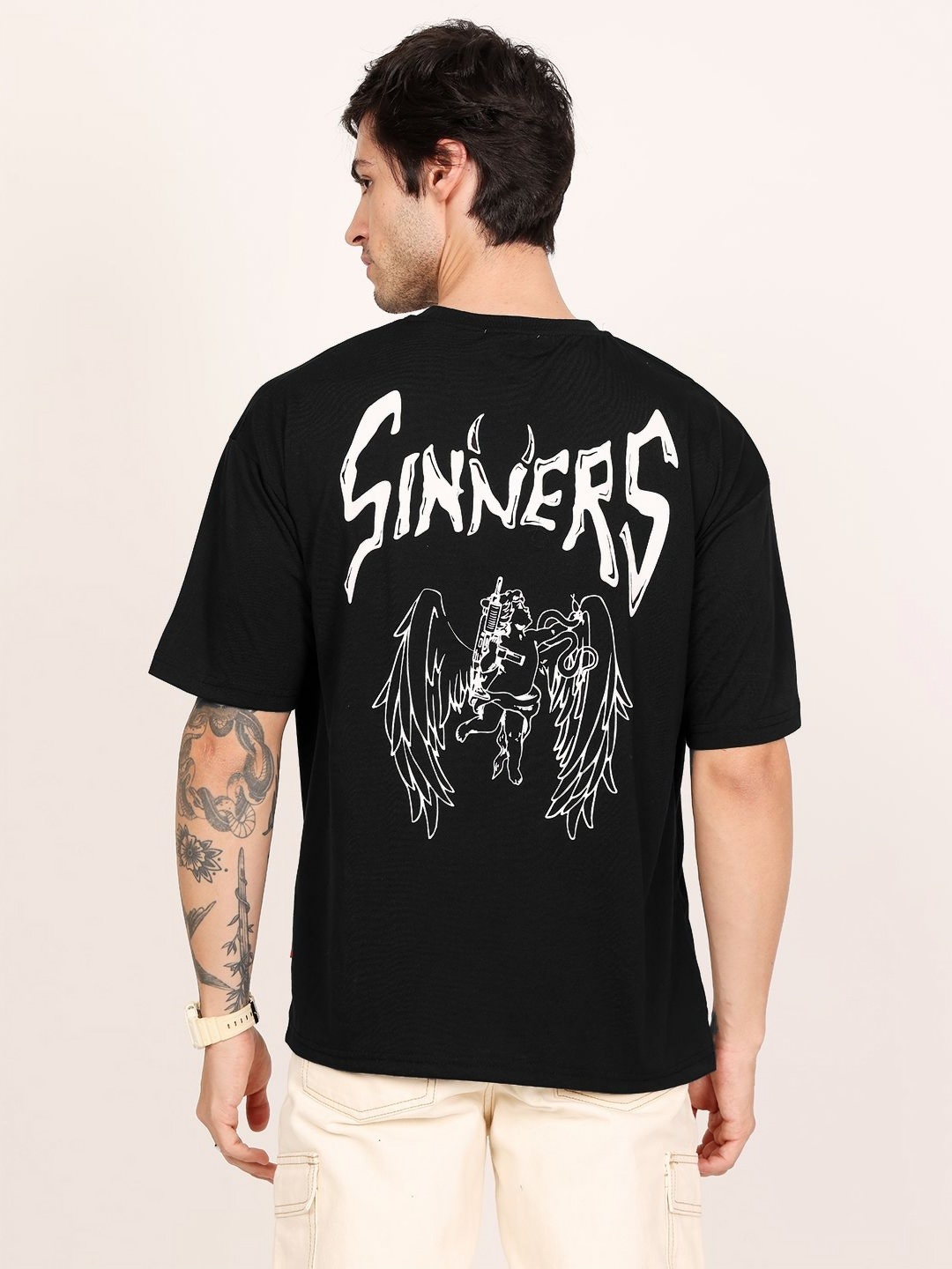 

Leotude Men Graphic Printed Round Neck Cotton Oversized T-shirt, Black