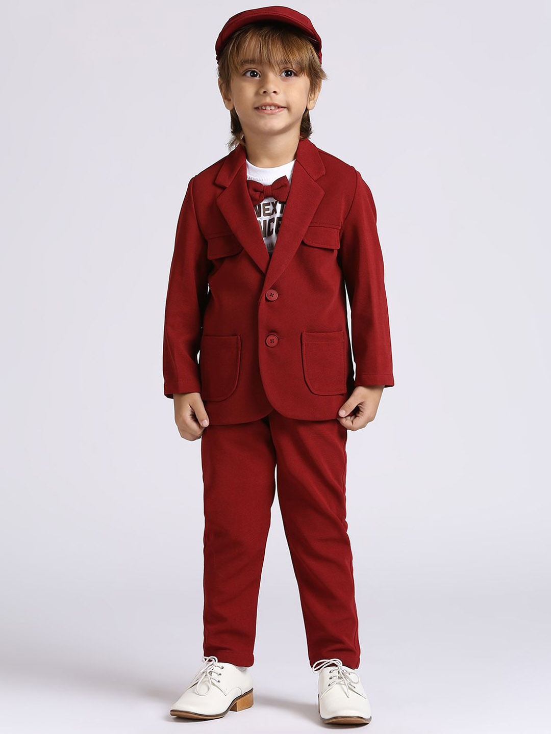 

YK Boys 4 Piece Suit Set T-Shirt, Pant & Blazer With Cap, Red