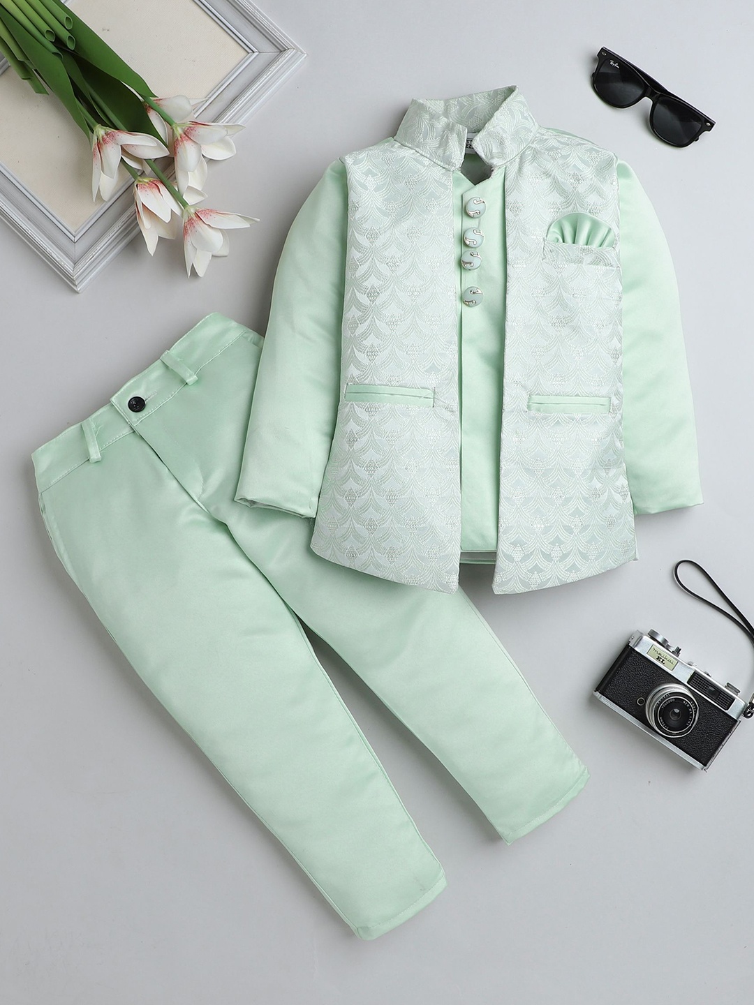 

BAESD Boys Boys Self Design Single-Breasted Mandarin Collar Double Vent 2-Piece Suit, Green
