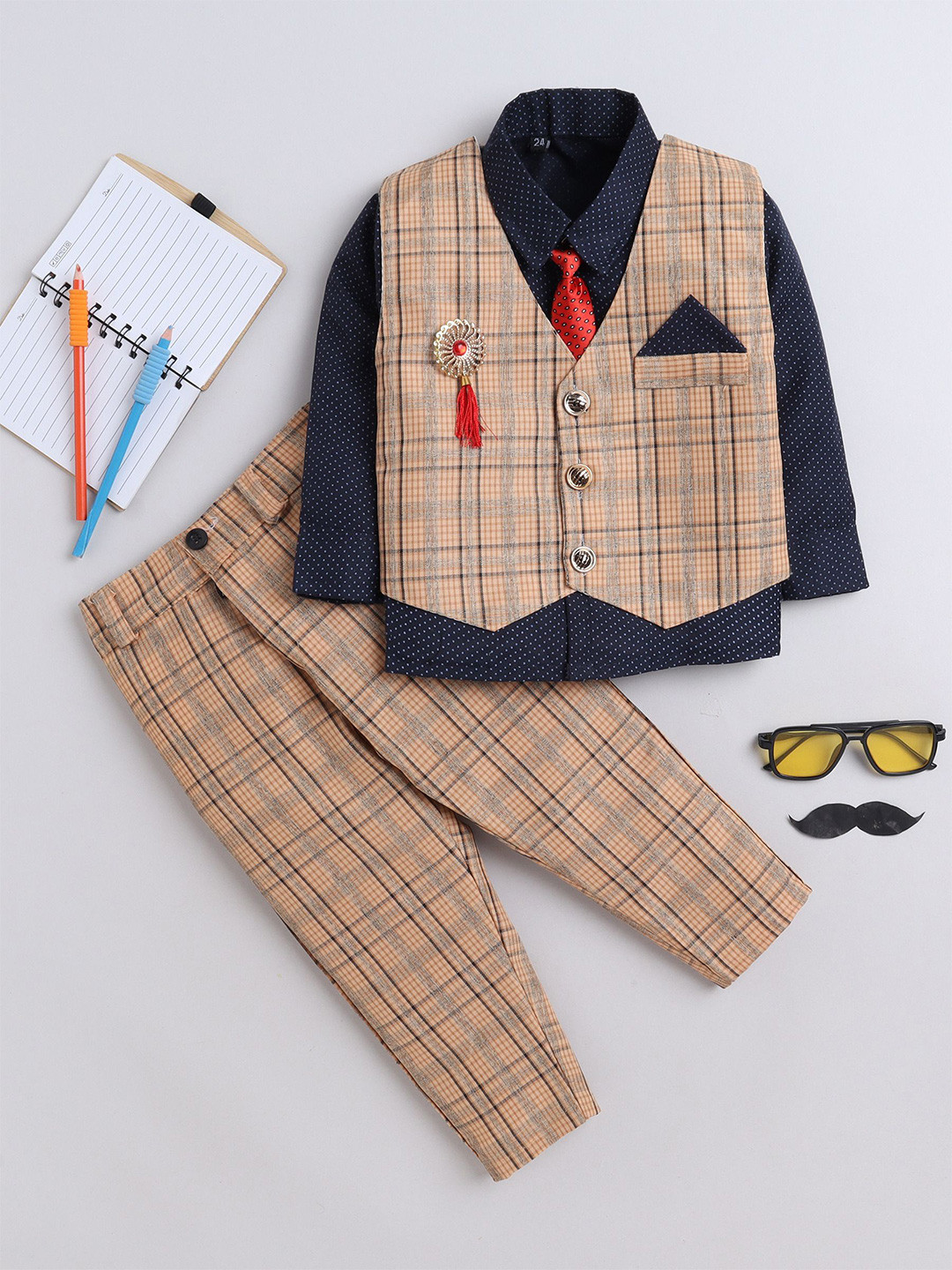 

BAESD Boys Checked Single-Breasted Waistcoat With Trouser And Shirt 3-Piece Suit, Navy blue