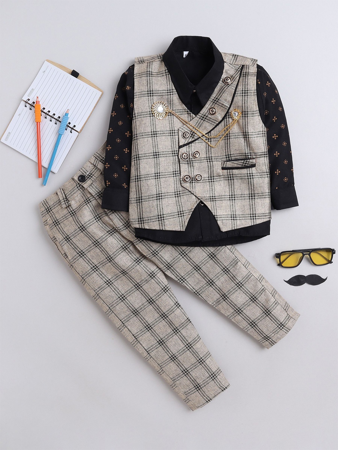 

BAESD Boys Checked Double-Breasted Waistcoat With Trouser And Shirt 3-Piece Suit, Grey