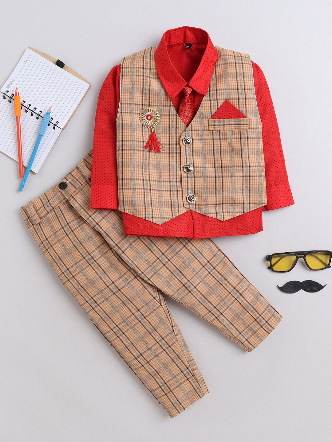 

BAESD Boys Checked Single-Breasted Waistcoat With Trouser And Shirt 3-Piece Suit, Red