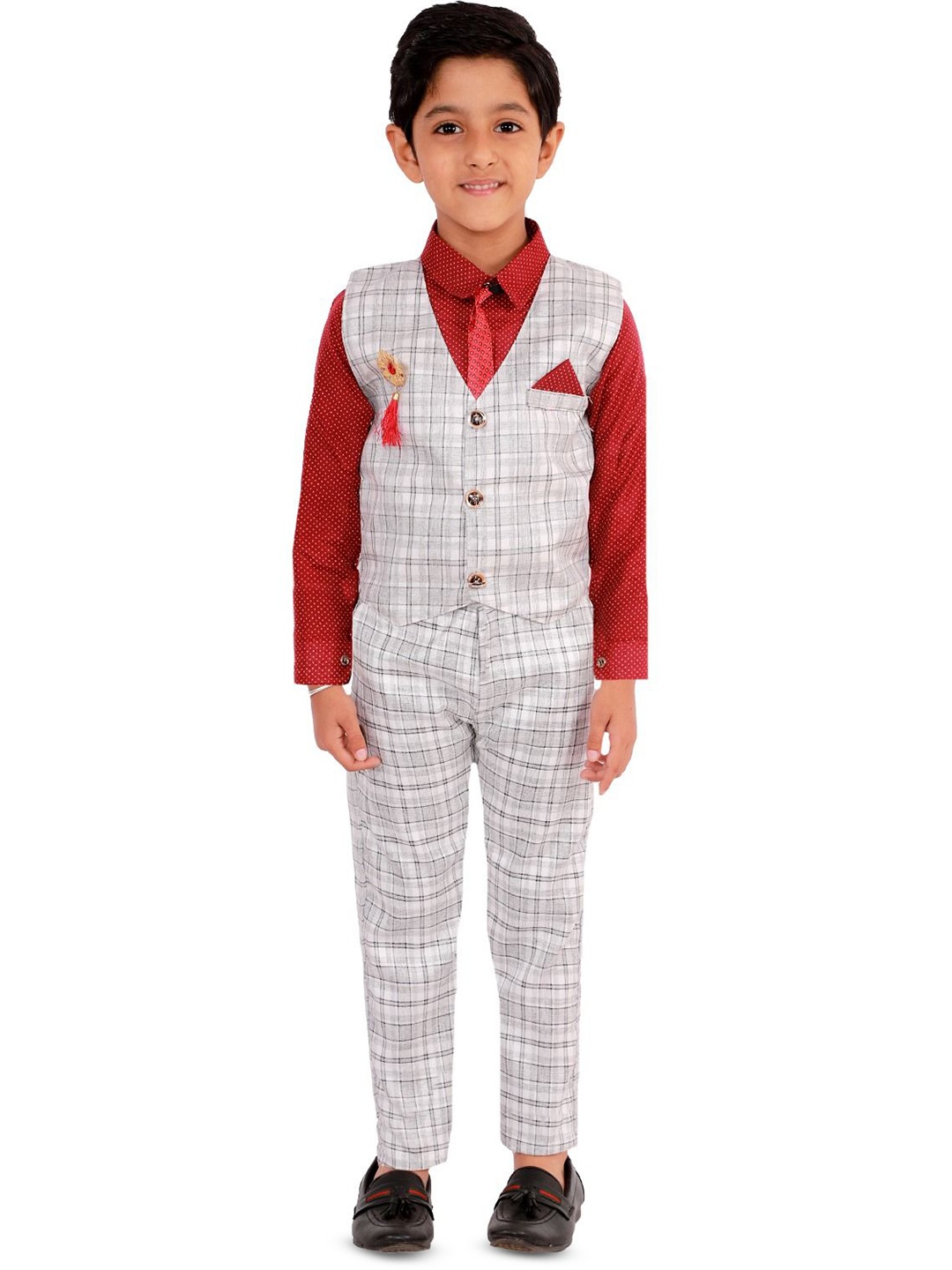 

BAESD Boys Checked Single-Breasted Waistcoat With Trouser And Shirt 3-Piece Suit, Maroon