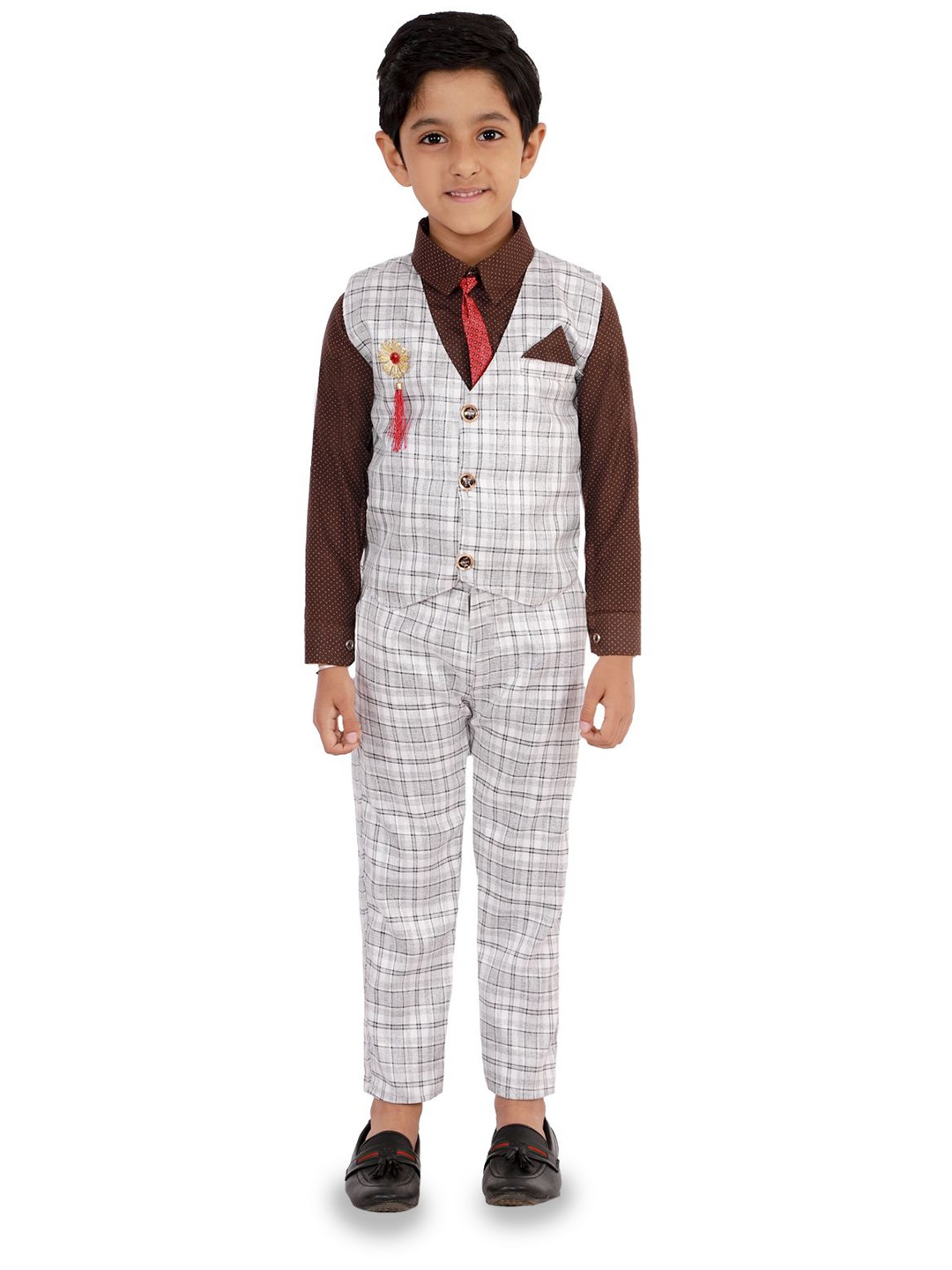 

BAESD Boys Checked Single-Breasted Waistcoat With Trouser And Shirt 3-Piece Suit, Brown