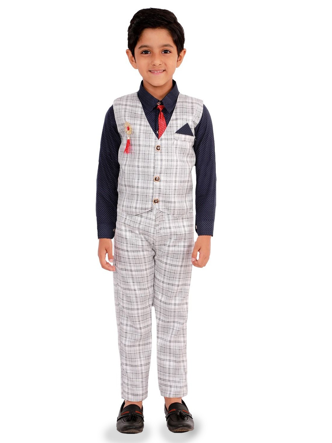 

BAESD Boys Checked Single-Breasted Waistcoat With Trouser And Shirt 3-Piece Suit, Navy blue