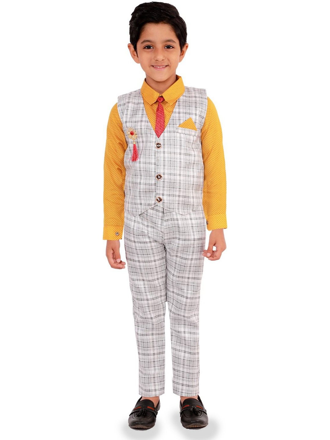 

BAESD Boys Checked Single-Breasted Waistcoat With Trouser And Shirt 3-Piece Suit, Yellow