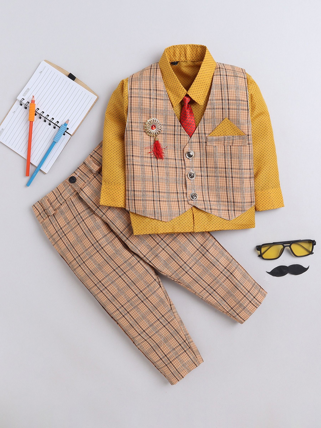 

BAESD Boys Checked Single-Breasted Waistcoat With Trouser And Shirt 3-Piece Suit, Yellow