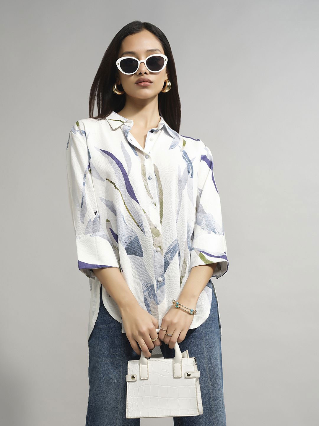 

AND Women Printed Shirt Style Top, White