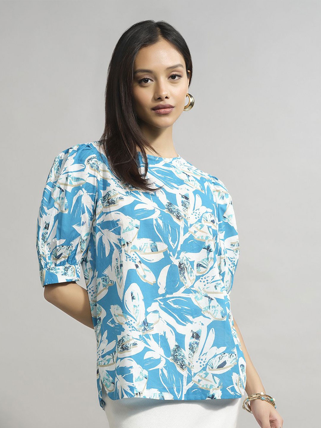 

AND Women Floral Printed Puff Sleeve Cotton Longline Top, Blue