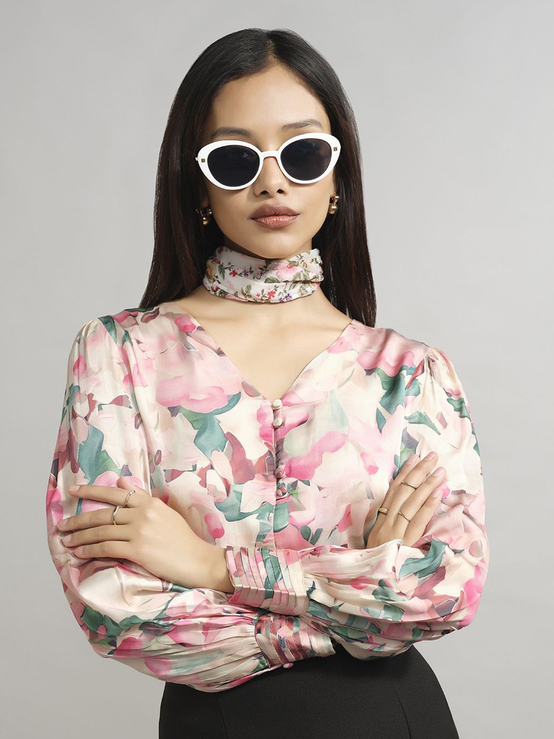 

AND Women Floral Printed Blouson Top, Pink