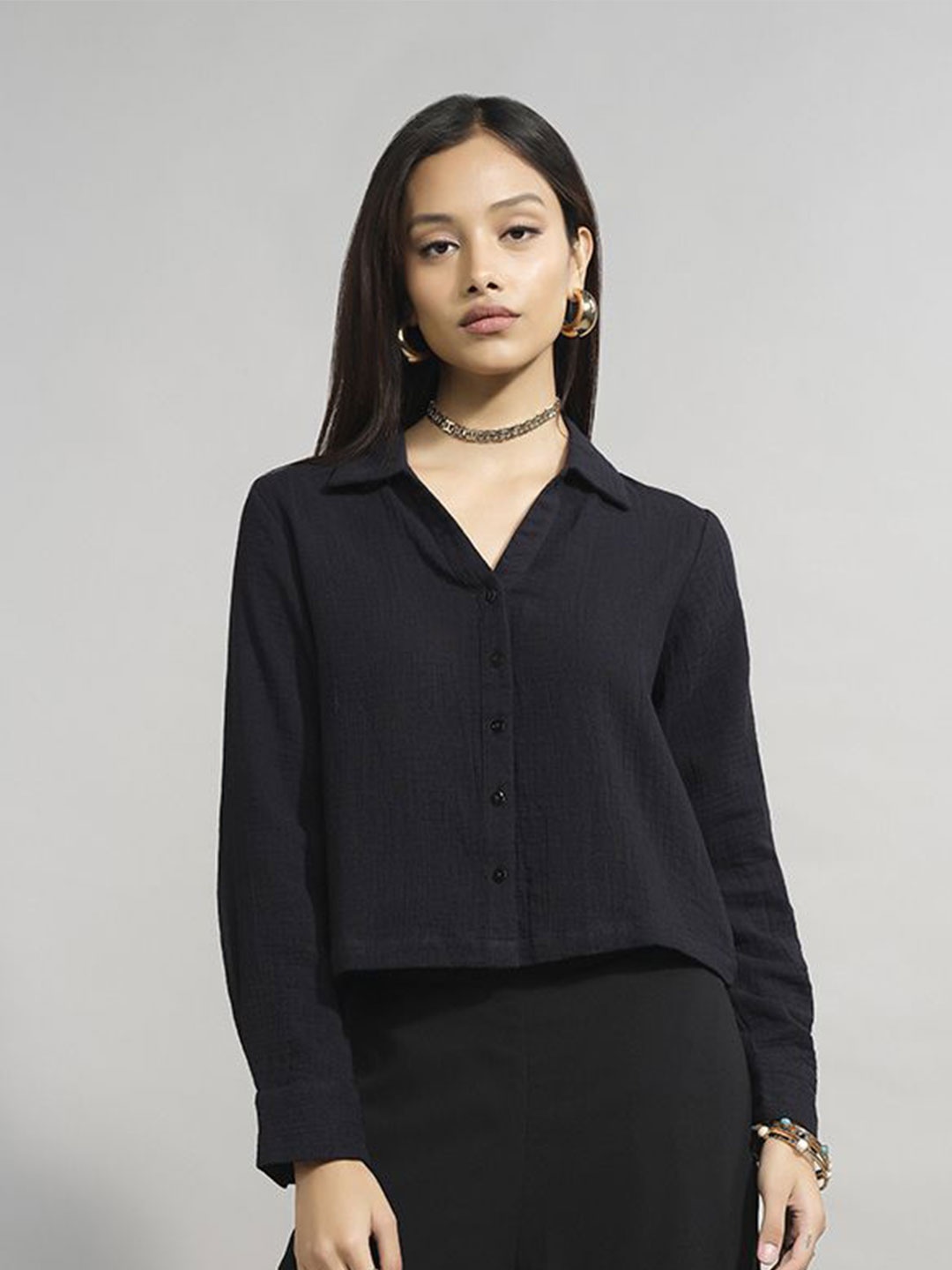 

AND Women Shirt Collar Cotton Top, Black