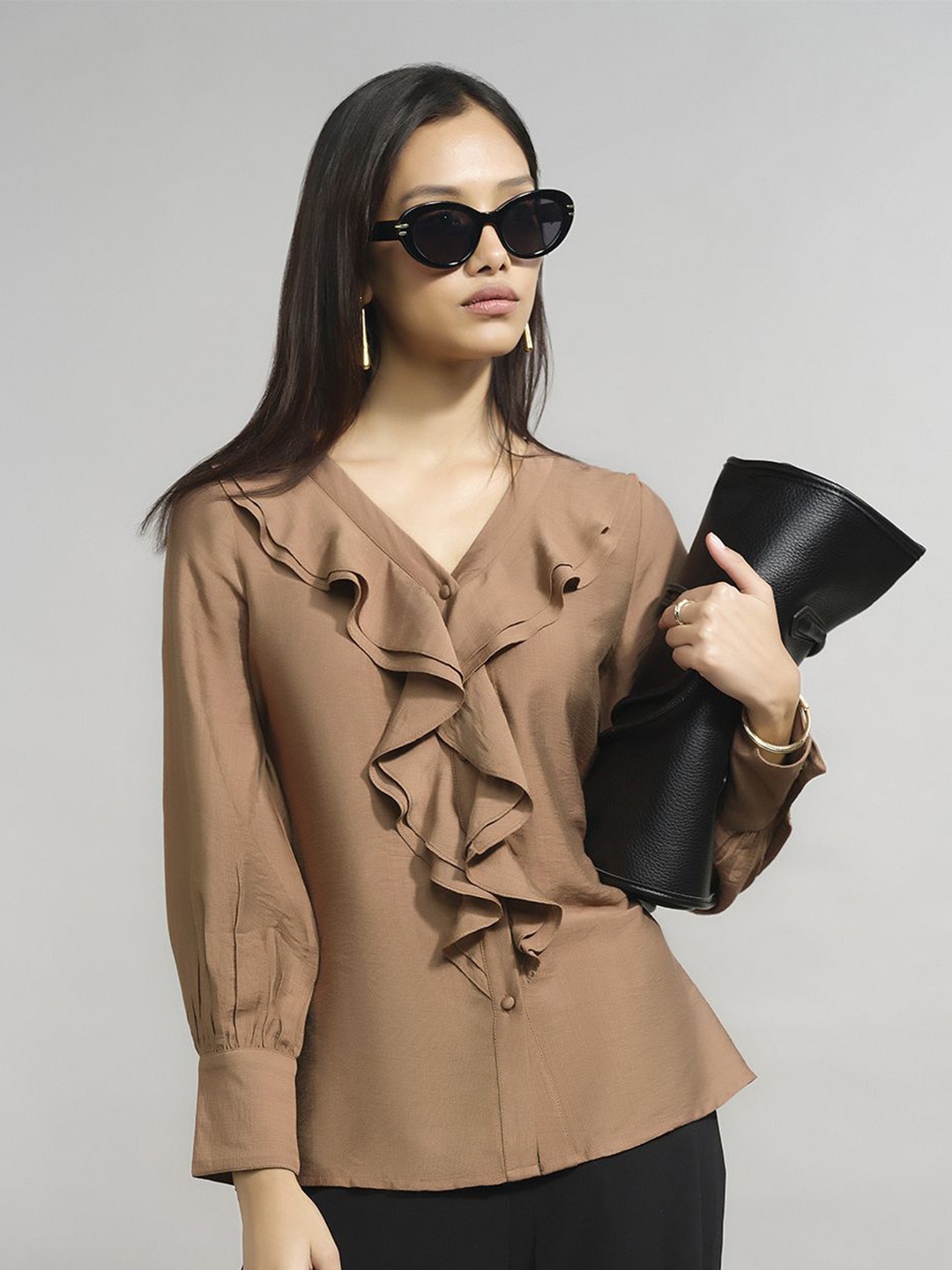 

AND V-Neck Ruffles Shirt Style Top, Brown