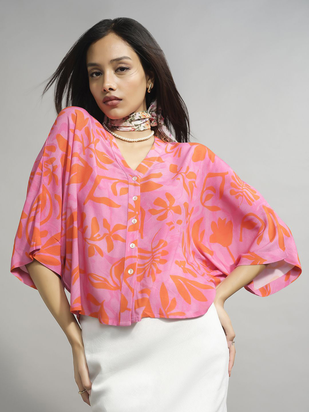 

AND Women Floral Printed Flared Sleeve Top, Pink