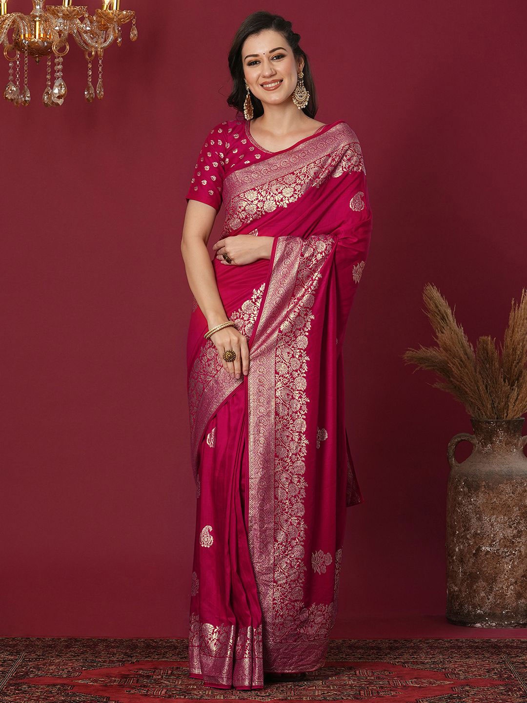 

Satrani Woven Design Zari Banarasi Saree, Pink