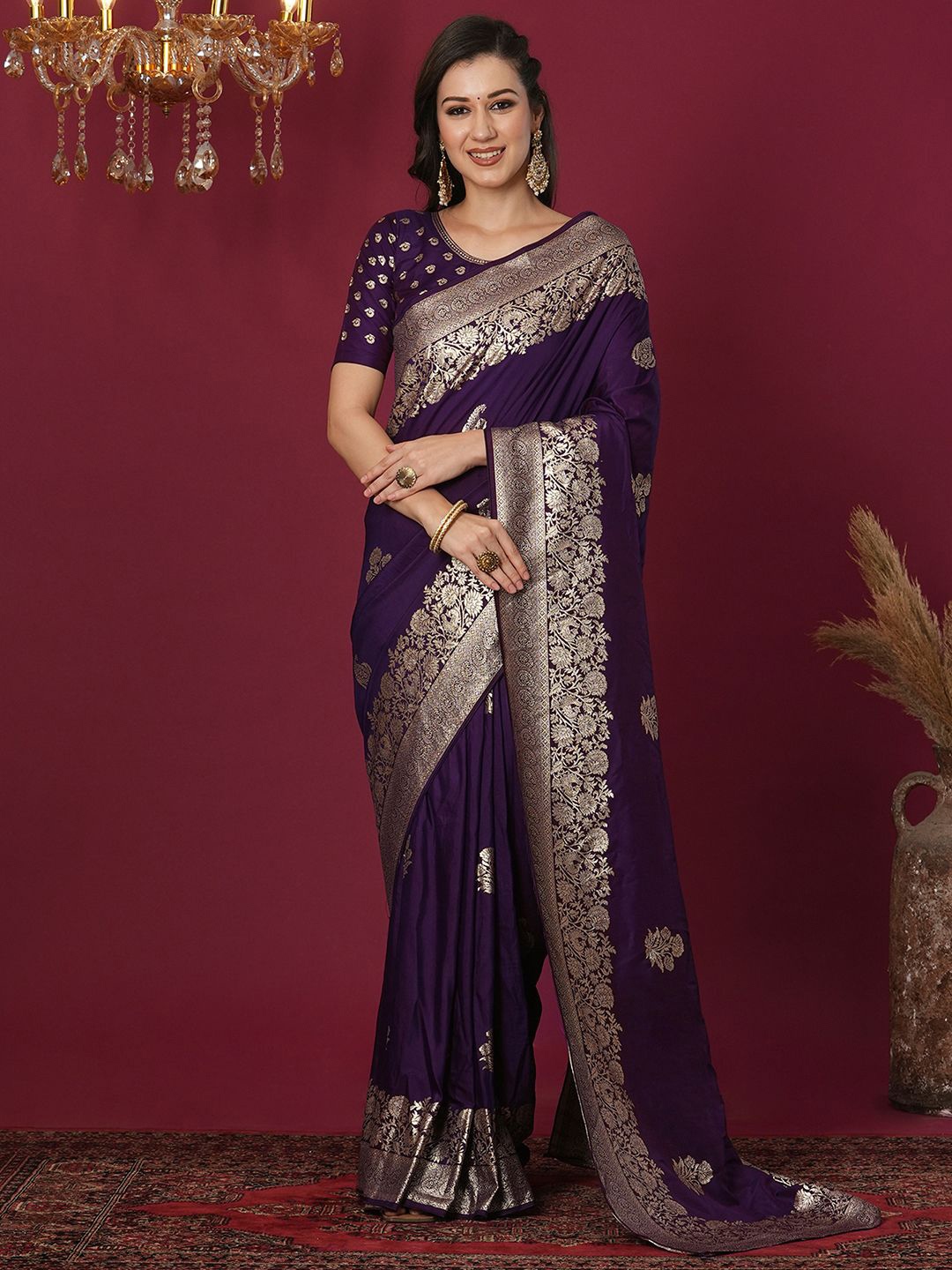 

Satrani Woven Design Zari Banarasi Saree, Purple