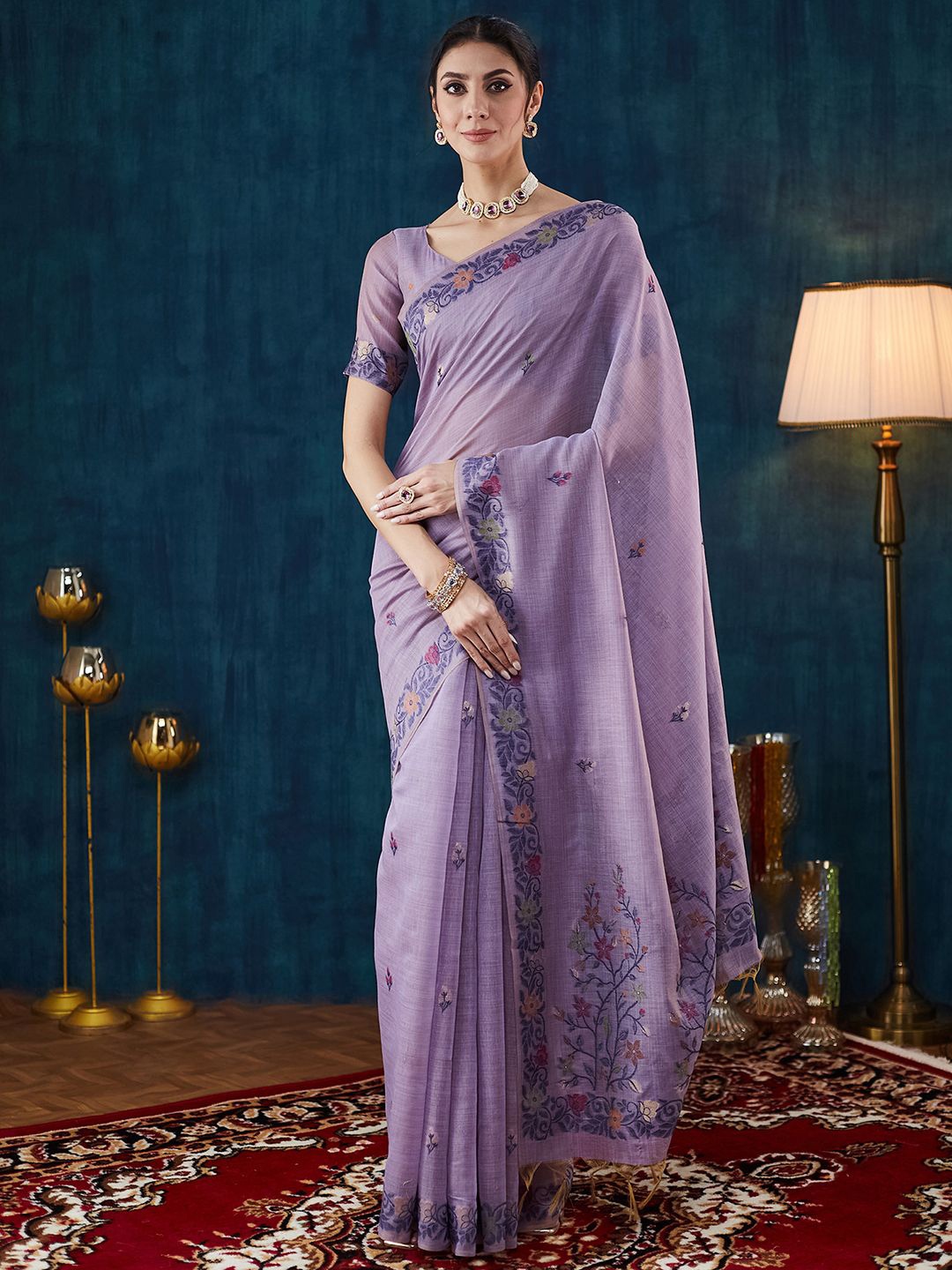 

Satrani Woven Design Floral Zari Saree, Lavender