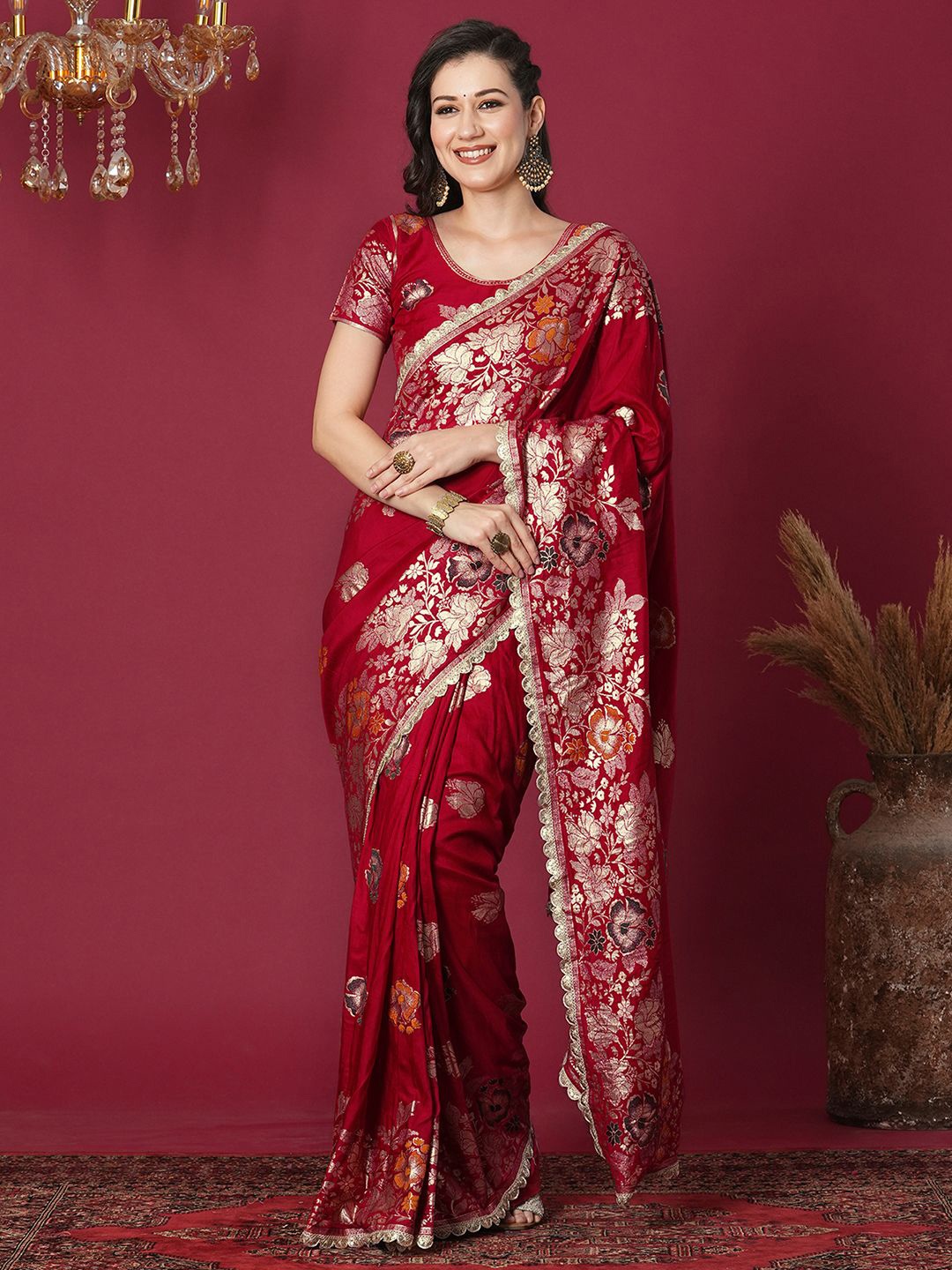 

Satrani Woven Design Zari Banarasi Saree, Red