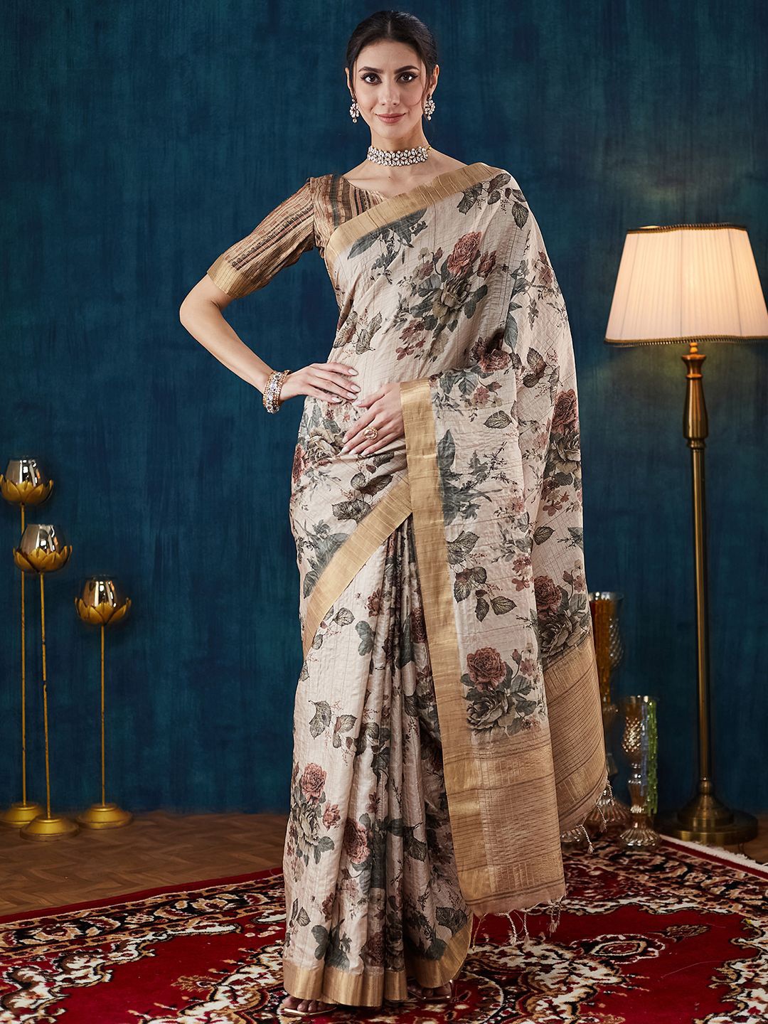 

Satrani Woven Design Floral Saree, Beige