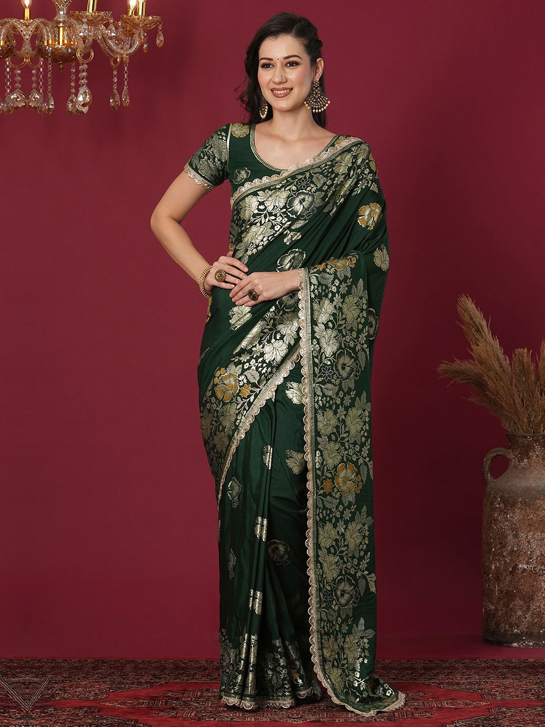 

Satrani Woven Design Zari Banarasi Saree, Green