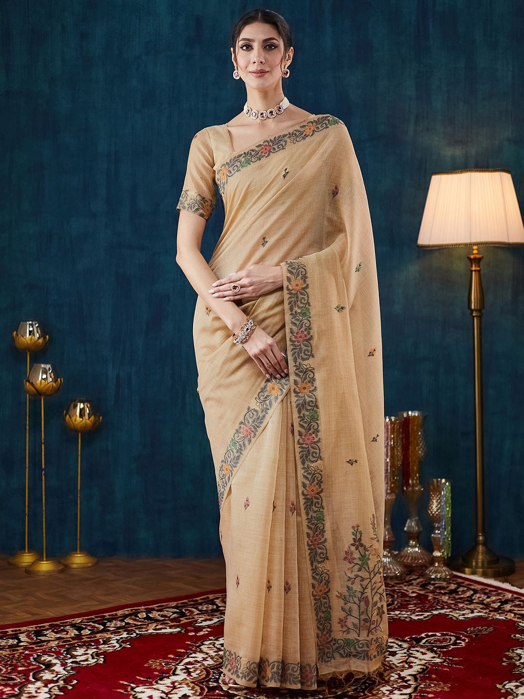 

Satrani Woven Design Floral Saree, Beige