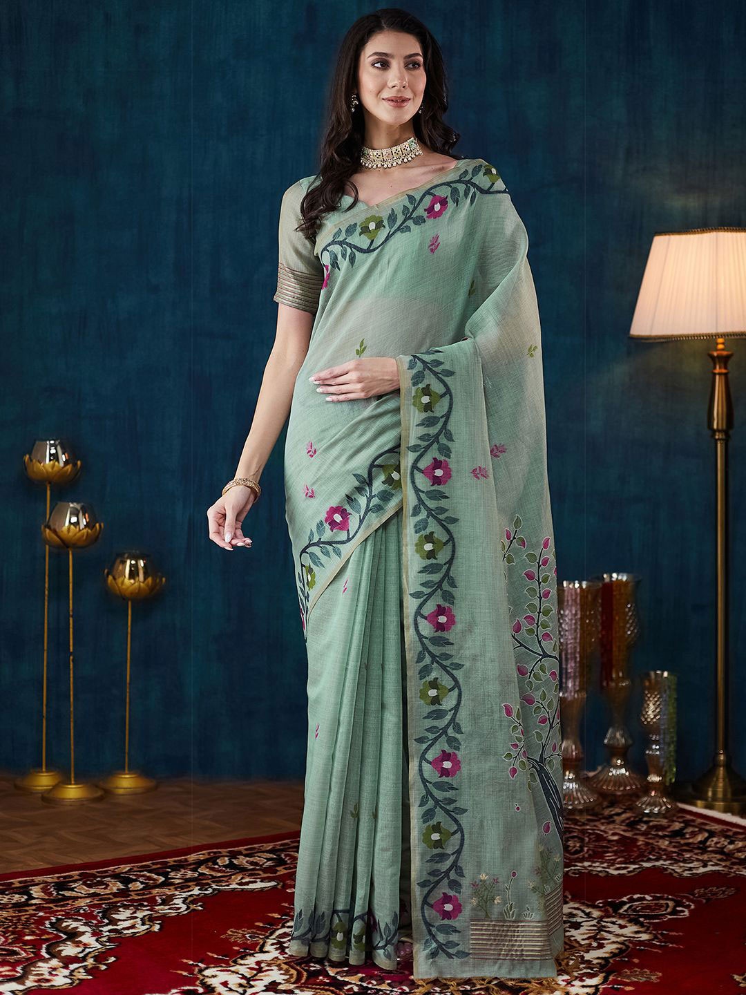 

Satrani Woven Design Floral Saree, Green