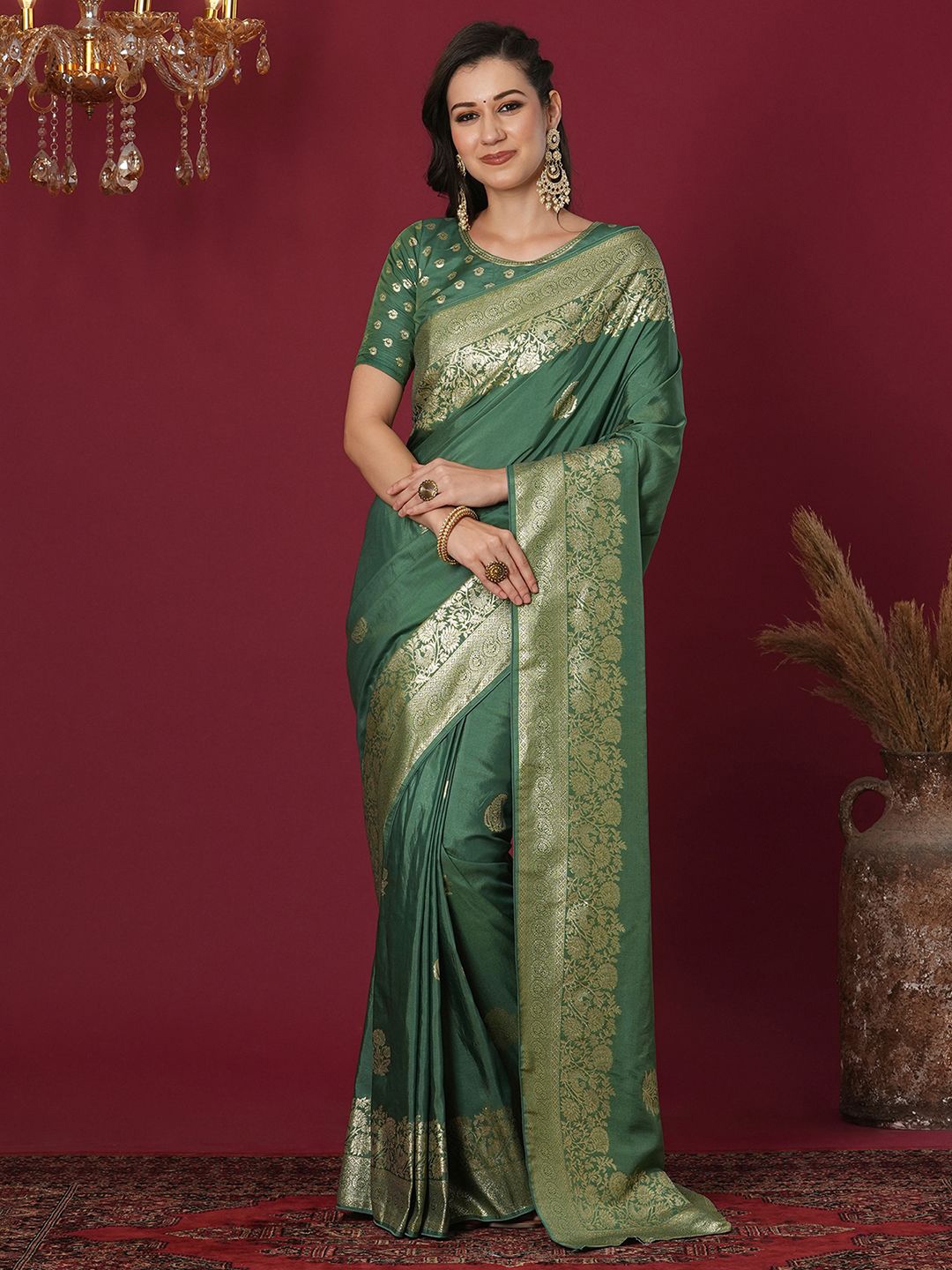 

Satrani Woven Design Zari Banarasi Saree, Green