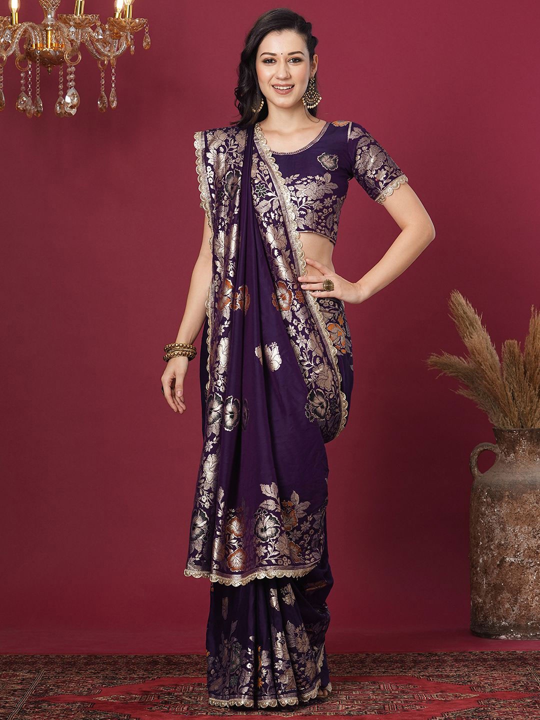 

Satrani Woven Design Floral Zari Banarasi Saree, Purple