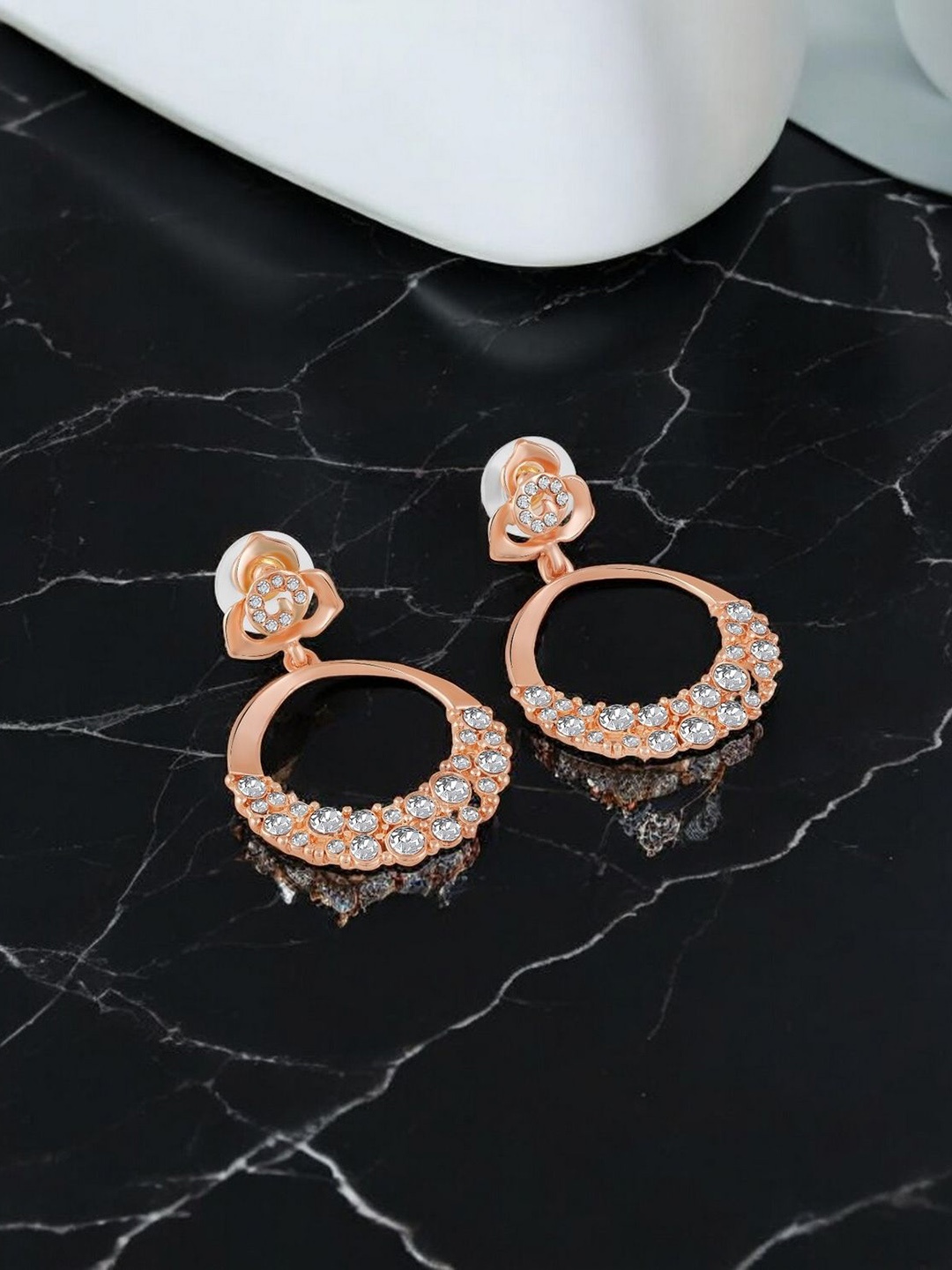 

Mahi Rose Gold-Plated Floral Dangler Crystals Studded Oval Shaped Drop Earrings