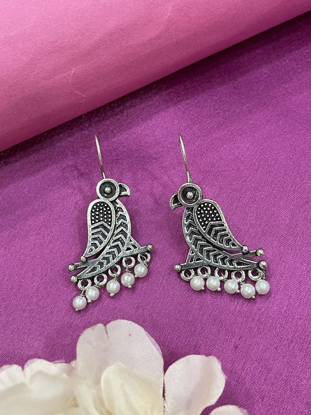 

Digital Dress Room German Silver Artificial Beaded Peacock Shaped Oxidised Drop Earrings