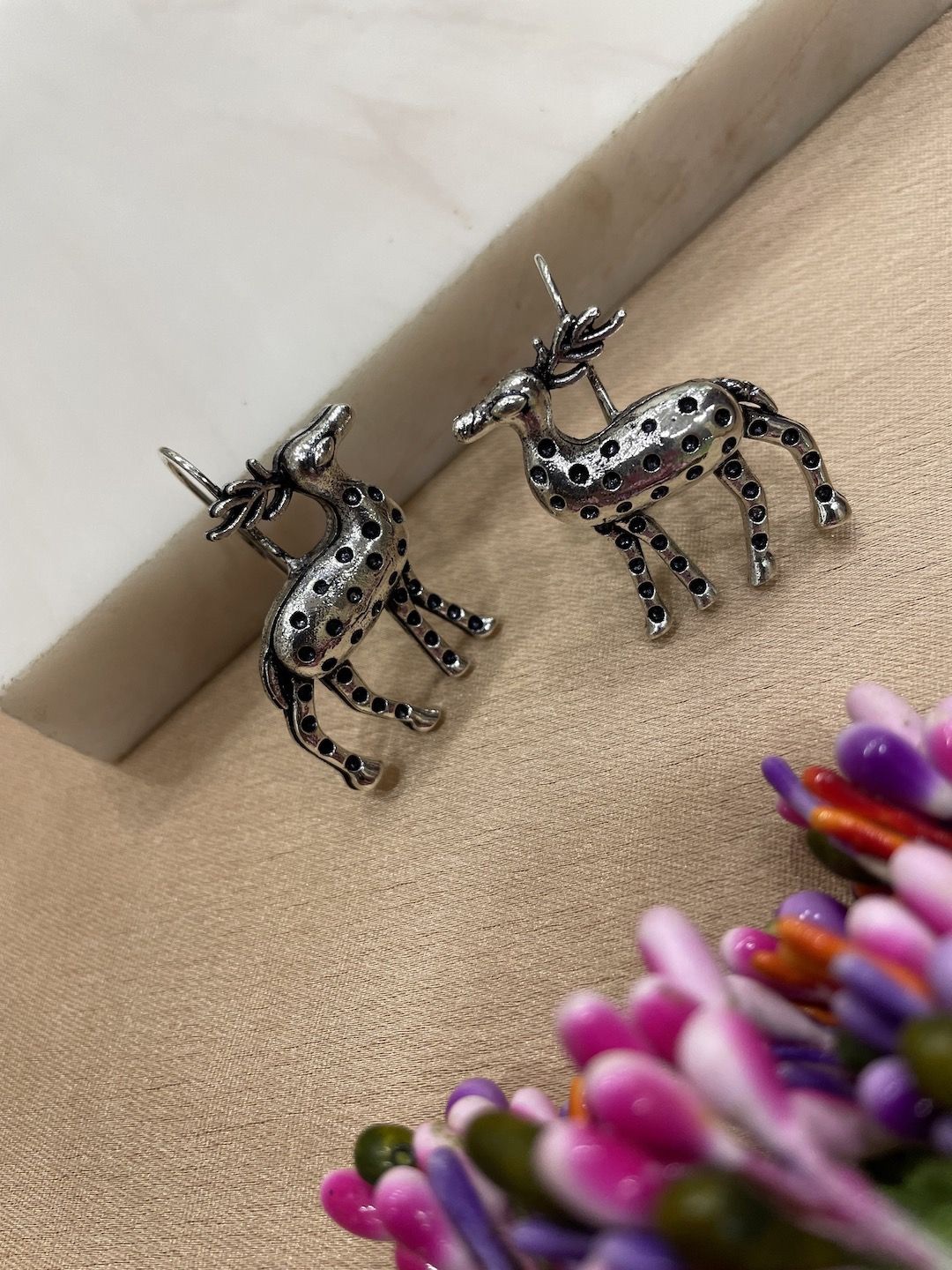 

Digital Dress Room German Silver Animal Shaped Oxidised Deer Dangler Drop Earrings