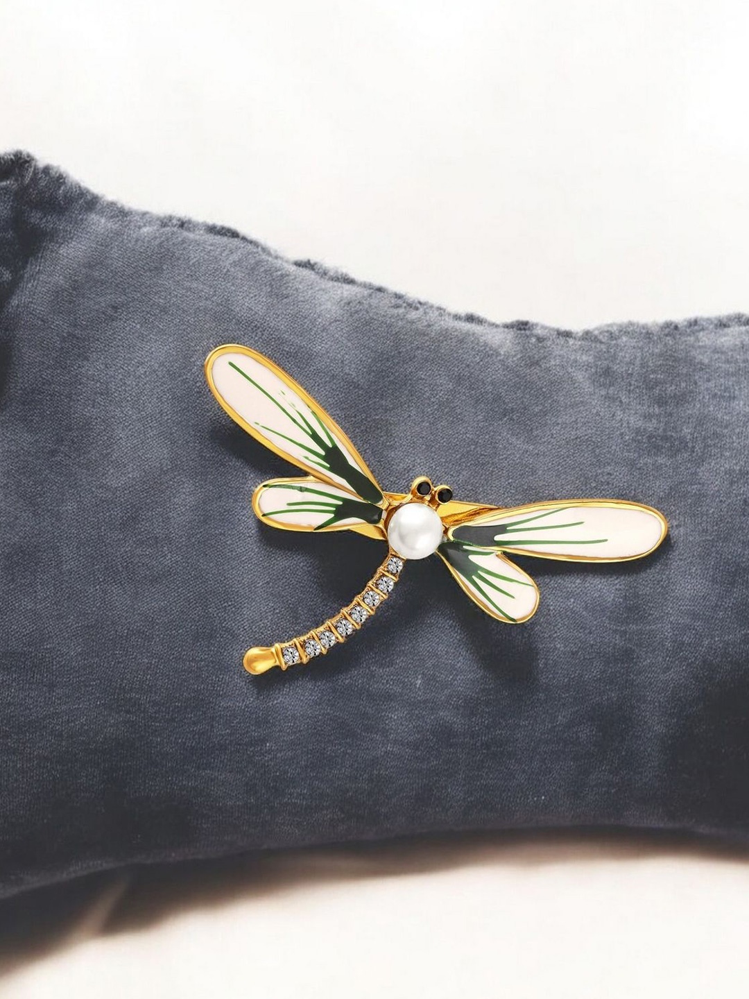 

Mahi Meenakari Work Stone Studded Dragonfly Shaped Brooch, Gold