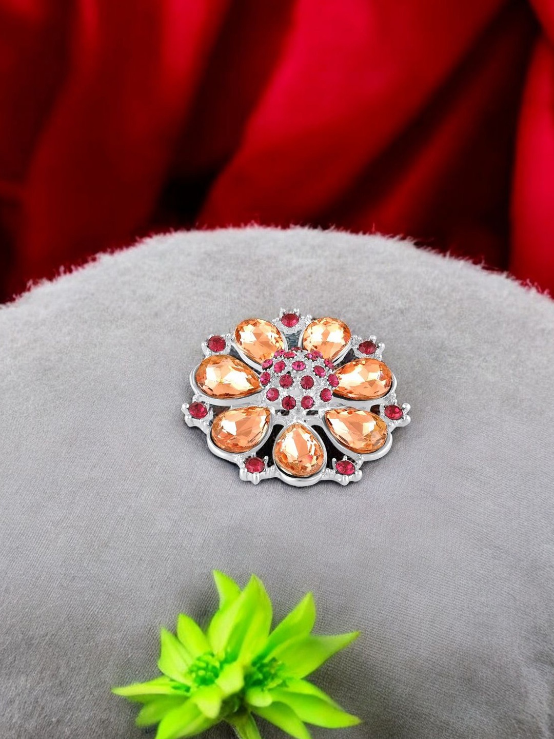 

Mahi Women Floral Stone Studded Lapel Pin Brooch, Peach