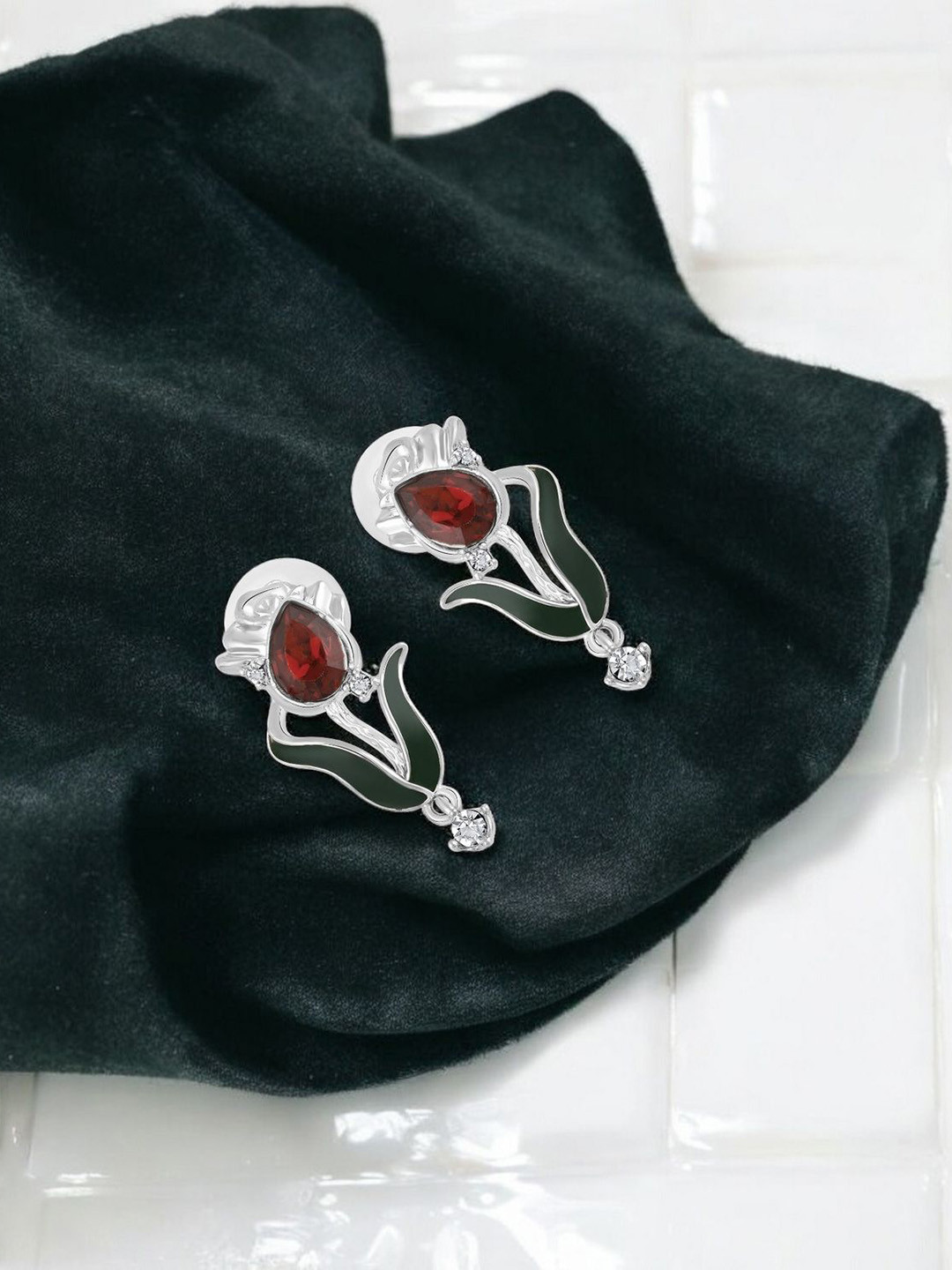

Mahi Meenakari Rhodium-Plated Artificial Stones Studded Floral Drop Earrings, Red