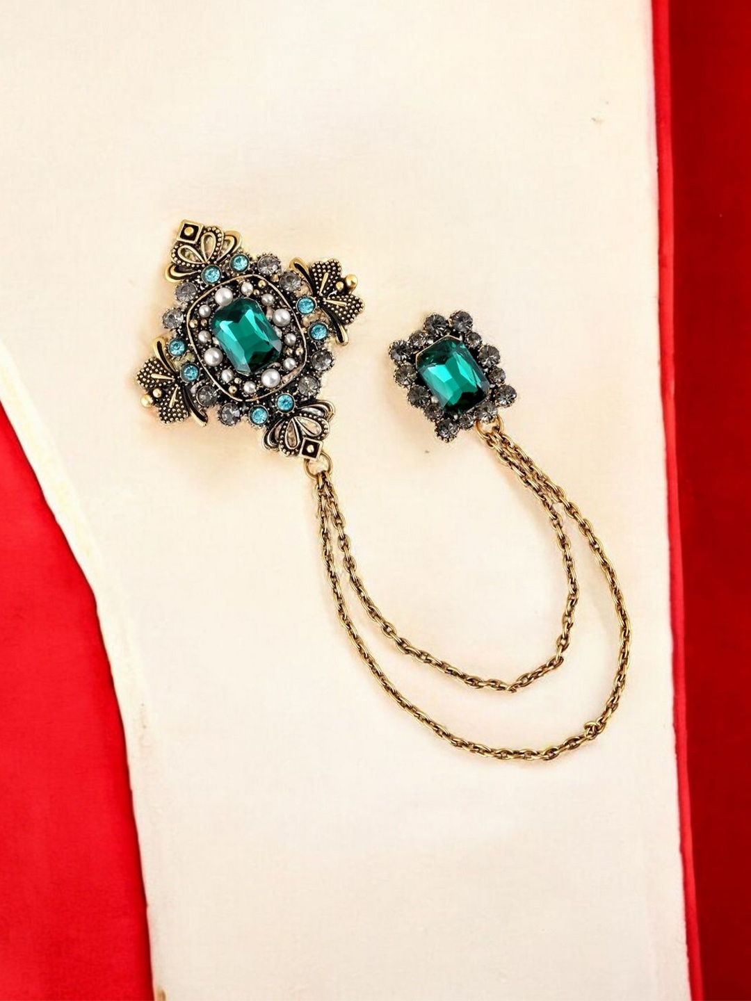 

Mahi Victorian Style Filigree Dazzling Stone Studded Chain Brooch, Green