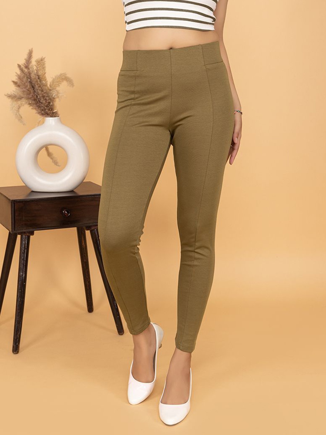 

Mlada Women Cotton Slim Fit High Waist Jeggings With Elastic Waist Band, Olive