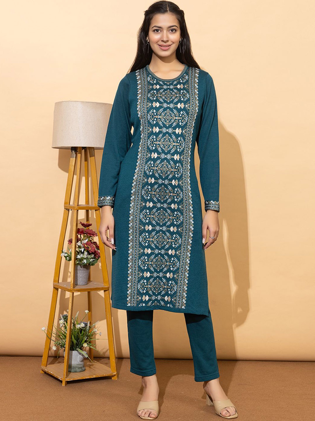 

Anouk Teal Ethnic Motifs Woven Design Straight Kurta