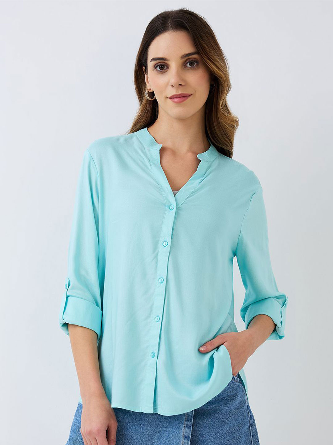 

HERE&NOW Mandarin Collar Cotton Shirt Style Top, Blue