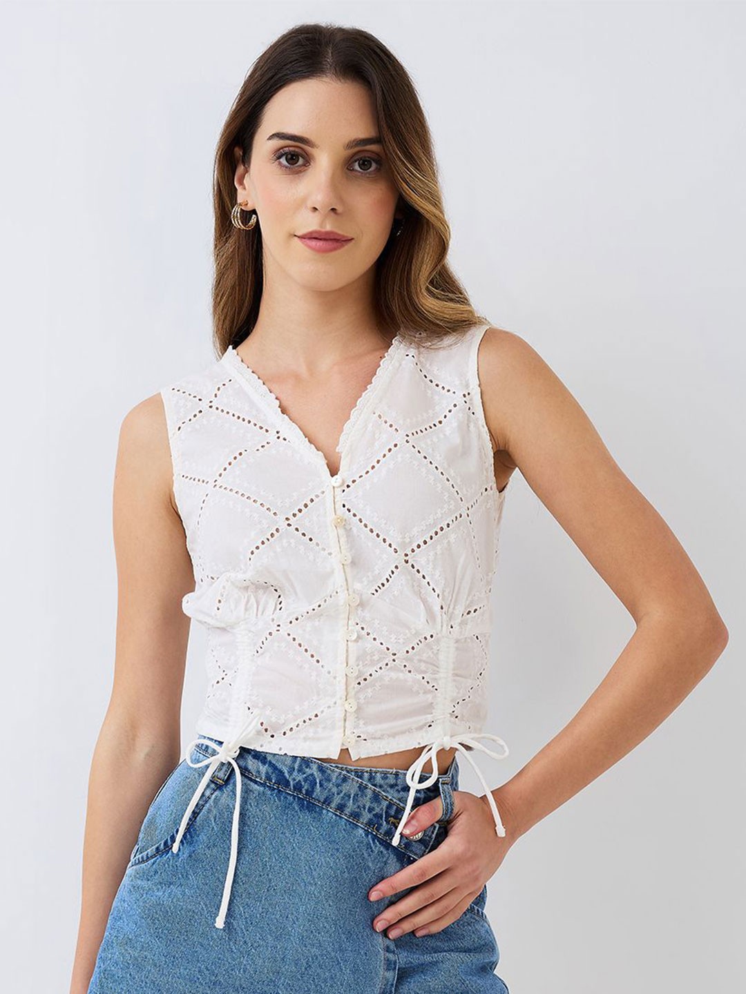

HERE&NOW Women Embroidered Cotton Crop Top, White