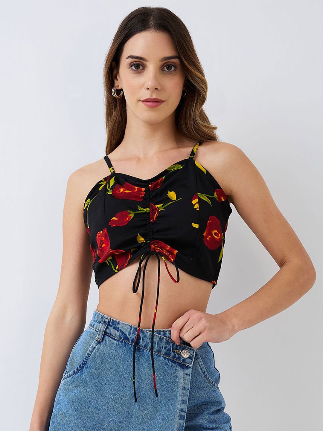 

HERE&NOW Women Floral Printed Ruched Bralette Crop Tie-Ups Top, Black
