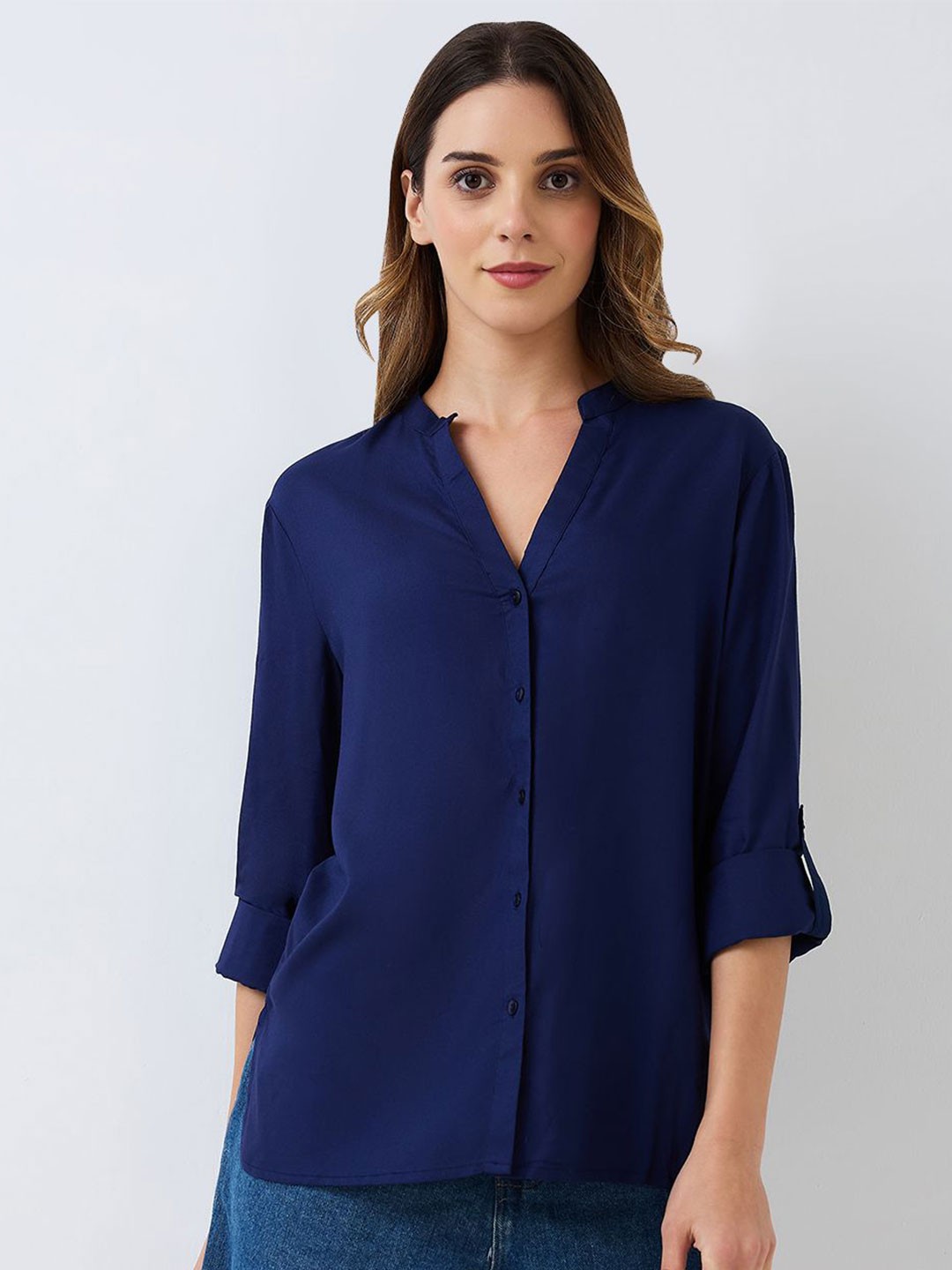 

HERE&NOW Women Mandarin Collar Roll-Up Sleeves Shirt Style Top, Navy blue