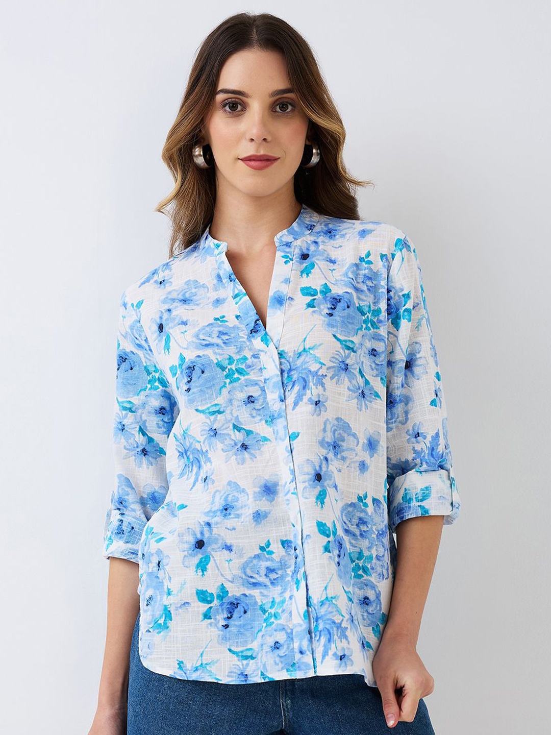 

HERE&NOW Women Floral Printed Mandarin Collar Cotton Shirt Style Top, Blue