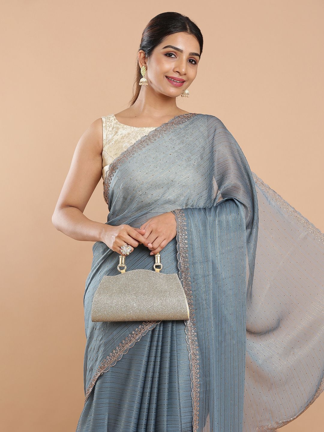 

Kalyan Silks Embellished Beads and Stones Saree, Grey