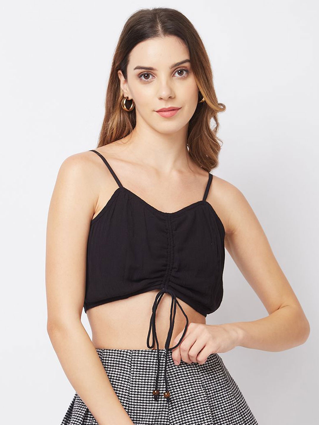 

HERE&NOW Women Shoulder Strap Smocked Bralette Crop Top, Black