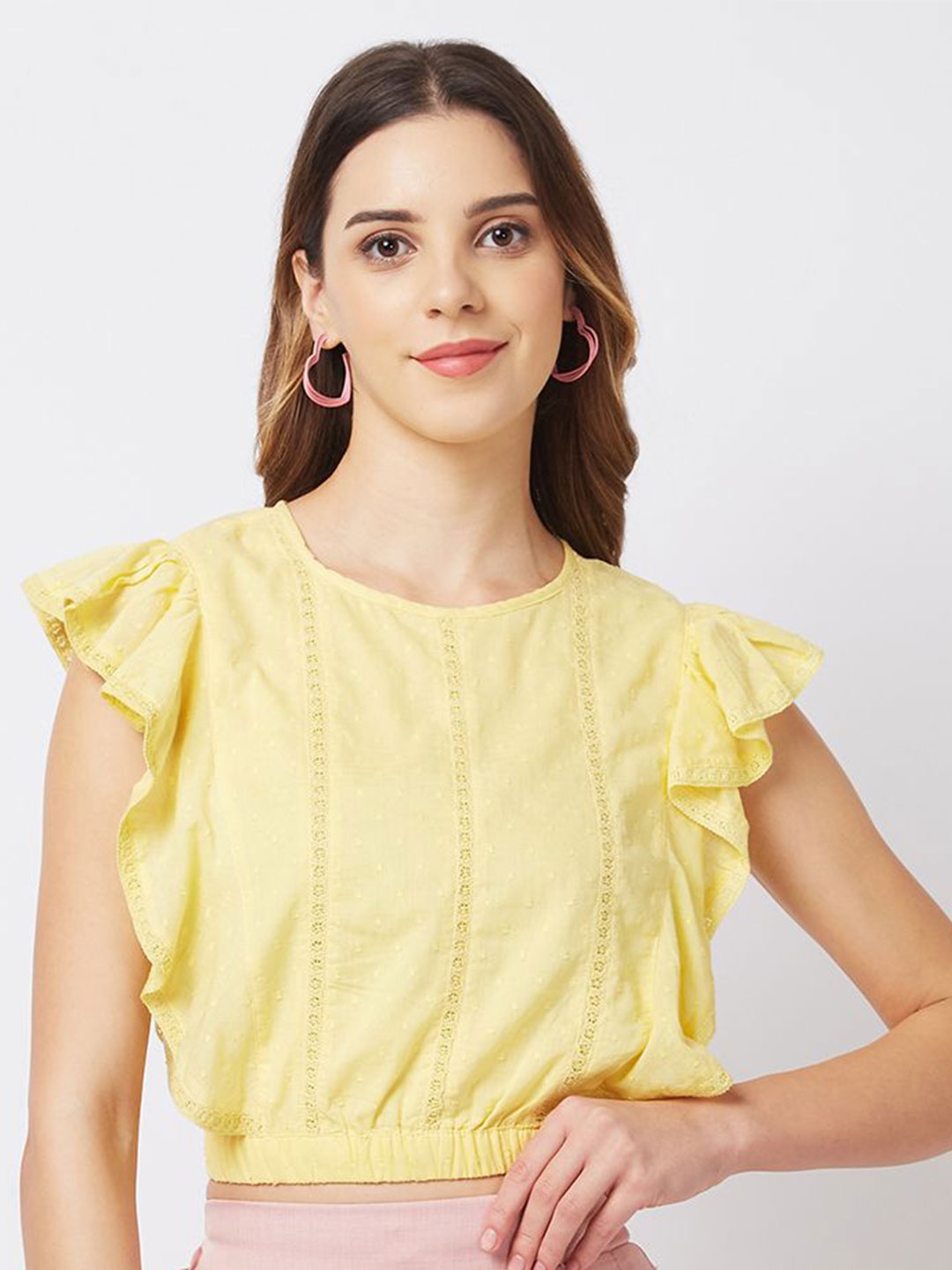 

HERE&NOW Embroidered Flutter Sleeve Schiffli Cotton Crop Top, Yellow